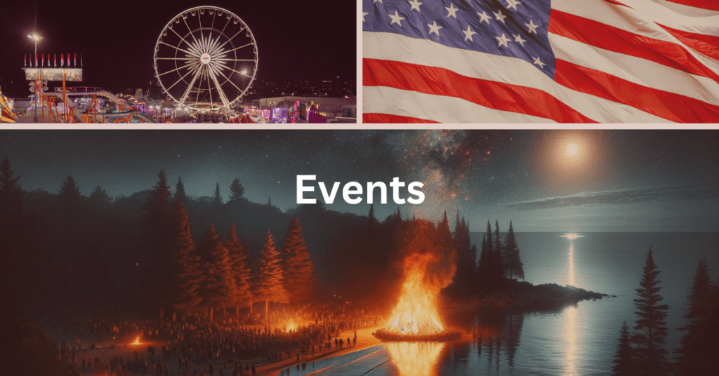 Grid of images including an American flag, a bonfire on Lake Michigan, and a fair midway. Superimposed text says: Events.