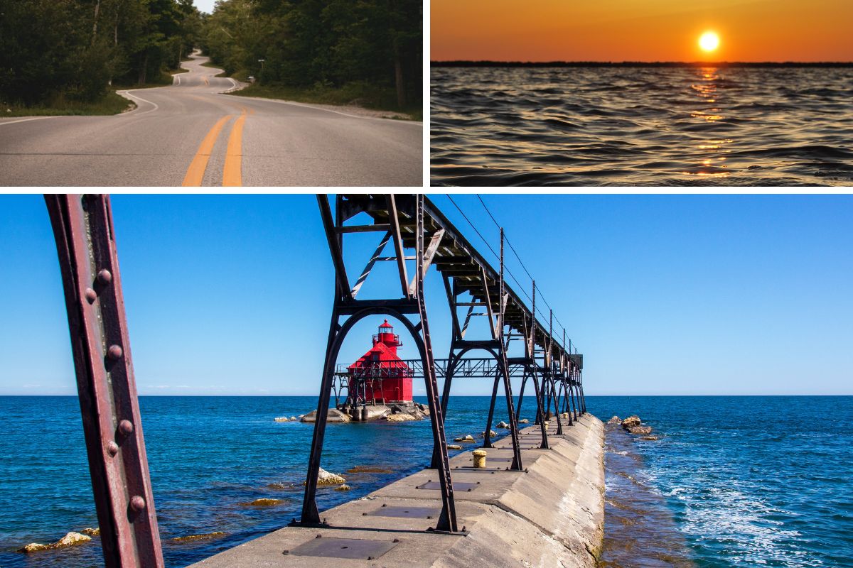 Grid of tourist attractions in Door County, including a sunset over Green Bay, the windy road, and the Sturgeon Bay Ship Canal Pierhead lighthouse.