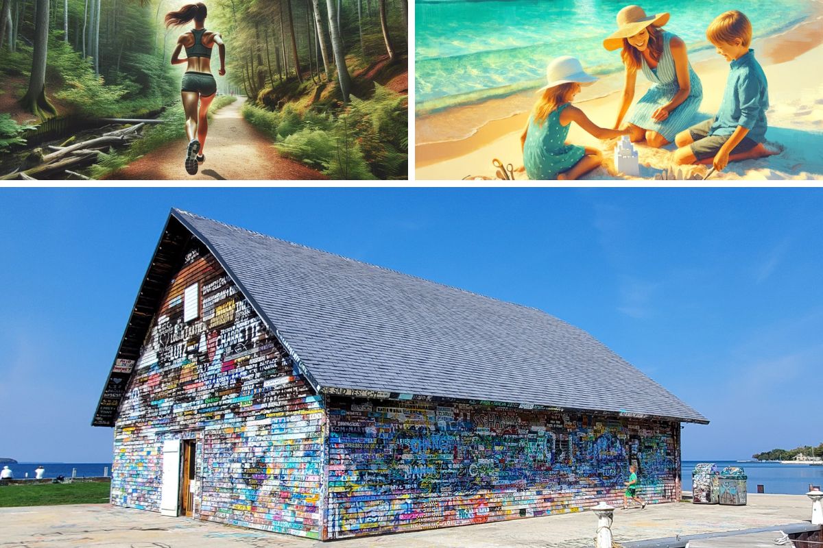 Grid of things to do in Door County, including trail running, playing on the beach, and visiting Anderson Dock.