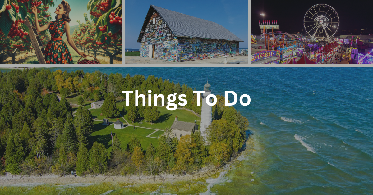 Grid of images of attractions and activities in Door County, including cherry picking, a lighthouse, Anderson Dock, a fair midway. Superimposed text says: Things To Do