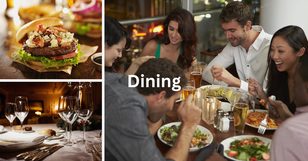 Grid of images depicting dining scenes in Door County, including a hamburger, people eating a table, and a table set for dinner. Superimposed text says: Dining