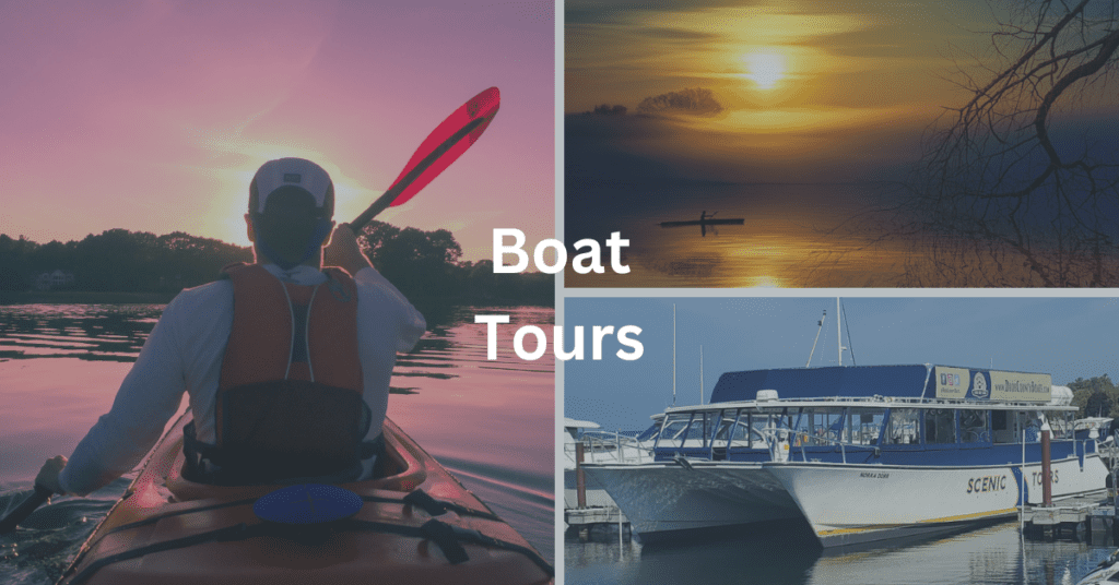 Grid depicting scenes of boat tours in Door County. Superimposed text says: Boat Tours.