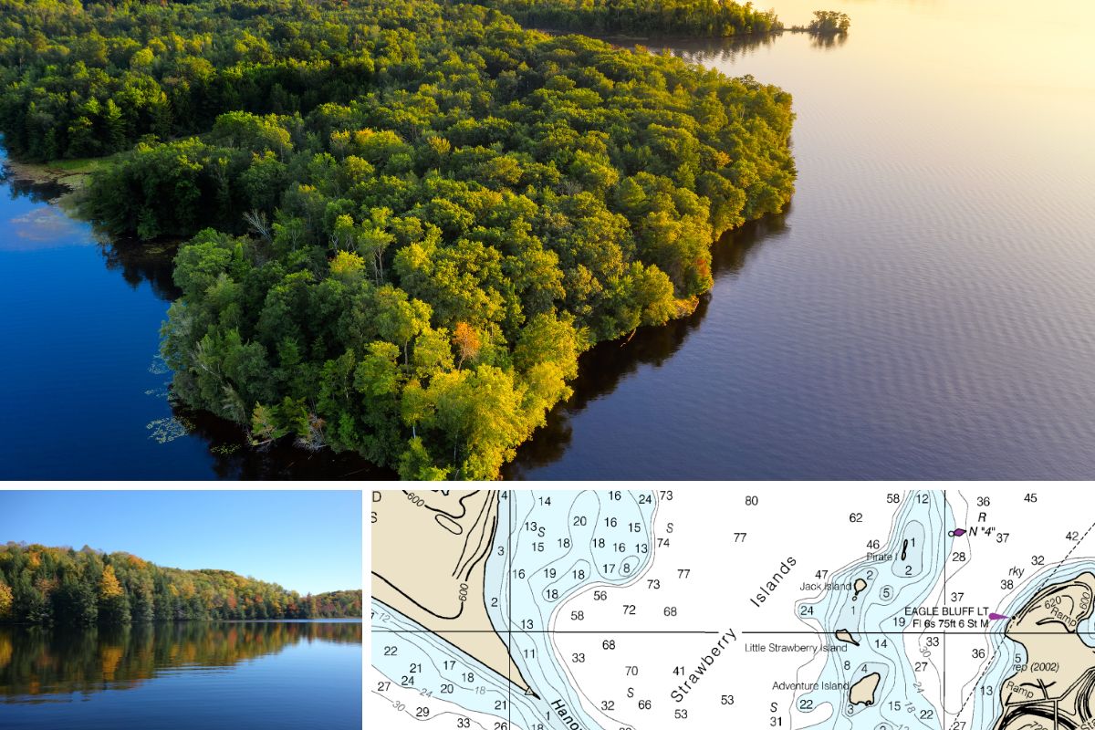 Grid of images related to west islands boat tour in Door County. Water scenes, nautical map.