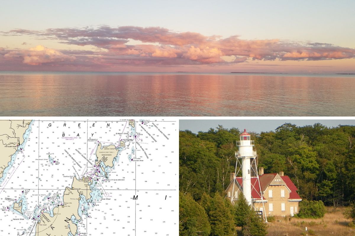 Grid of images related to the Death's Door Boat Cruise, including a map, the Plum Island Lighthouse, and the water of Green Bay.