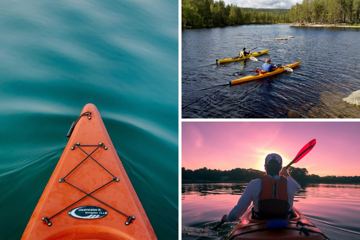 Grid of images depicting a naturalist led sea kayak tour in Door County.