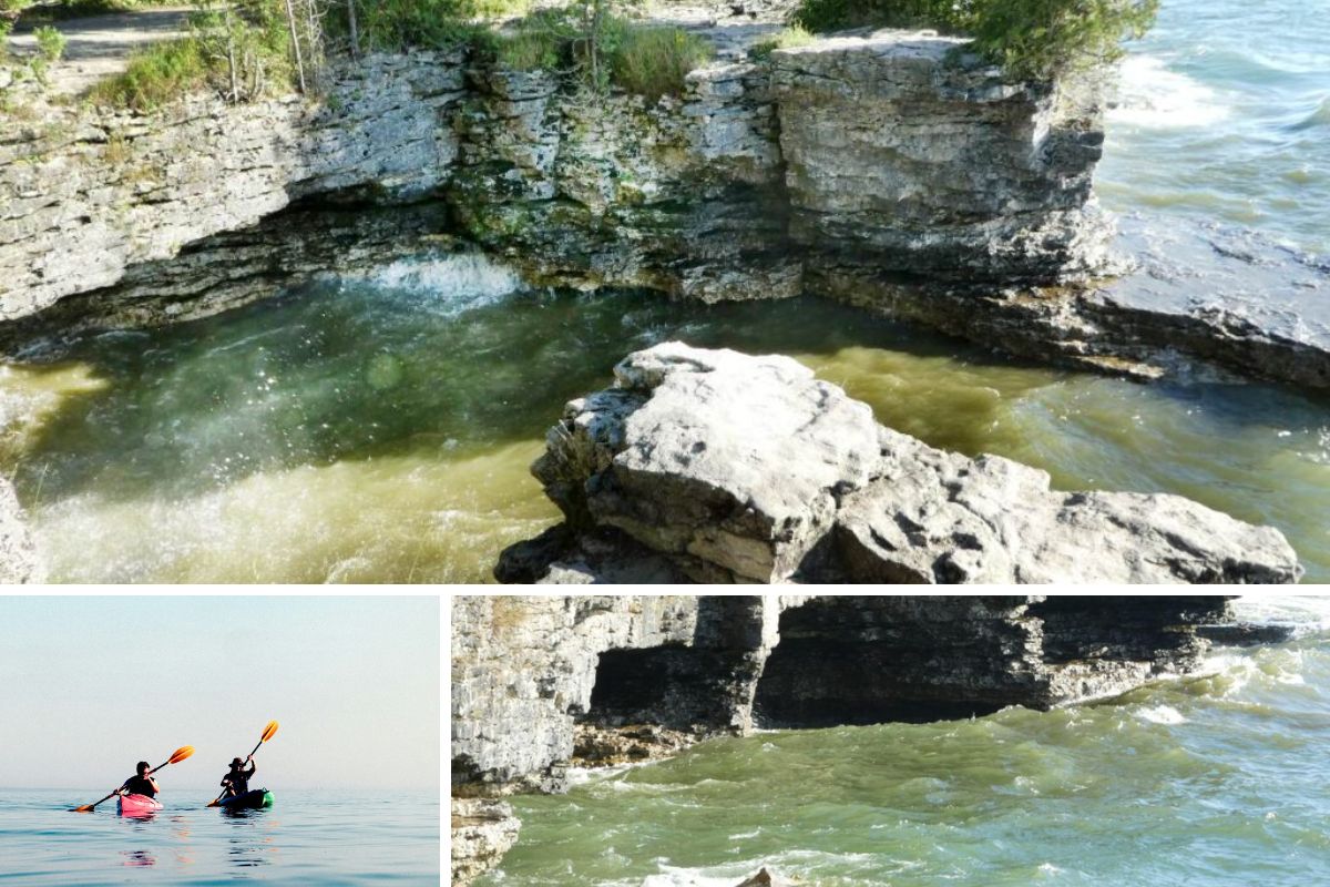 Grid of images: Scenes from Cave Point County Park and kayakers.