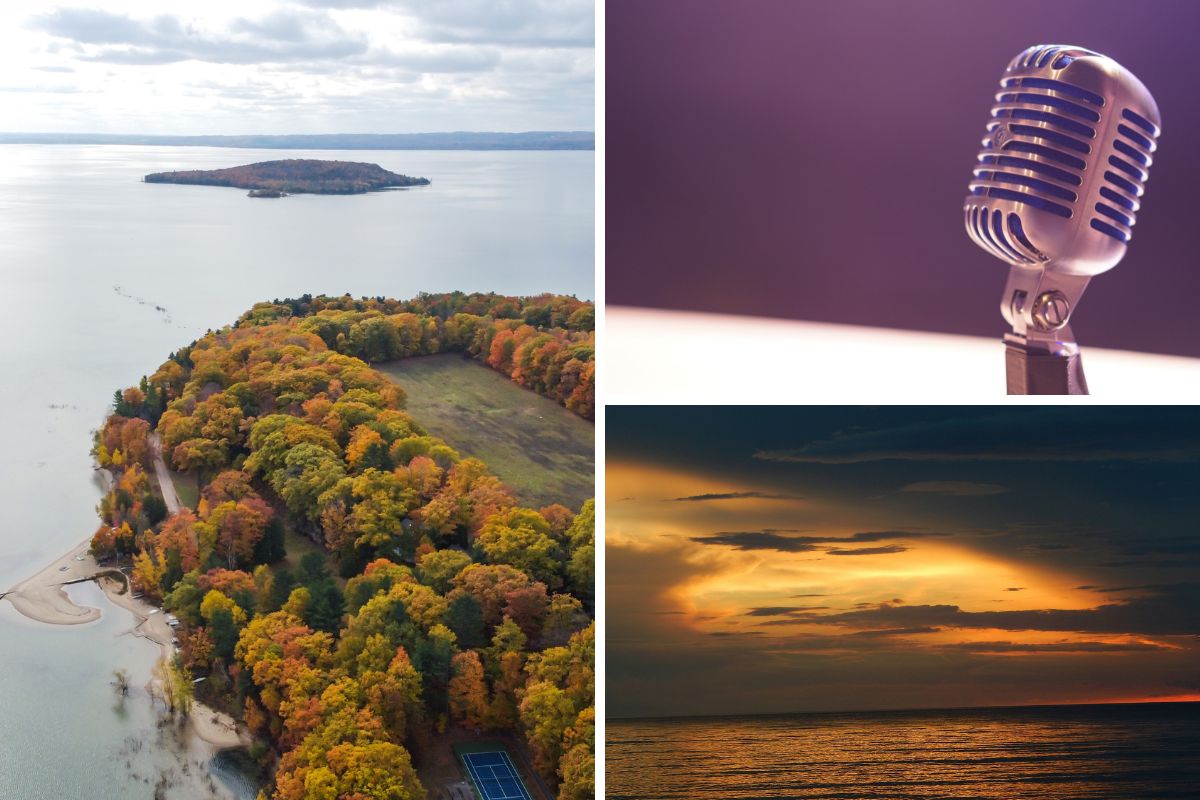 Grid of images depicting things that might be seen on the sunset live music boat tour in Door County, including a sunset, island, and microphone.