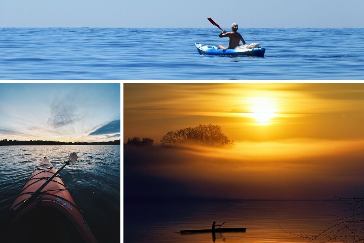 Grid of images depicting the sunset kayak boat tour in Door County, Wisconsin.