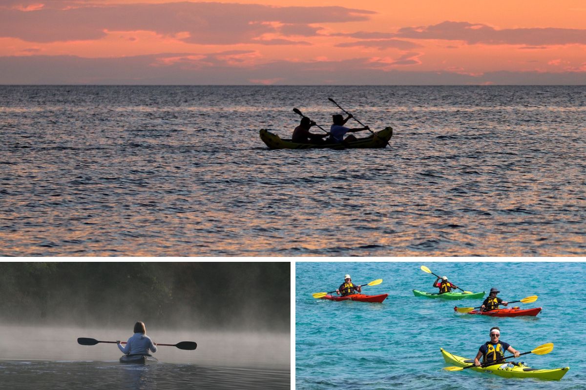 Grid of images depicting kayak tours at Peninsula State Park in Door County, Wisconsin.