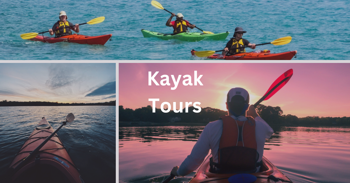 Grid of kayaking scenes in Door County. Superimposed text says: Kayak Tours.