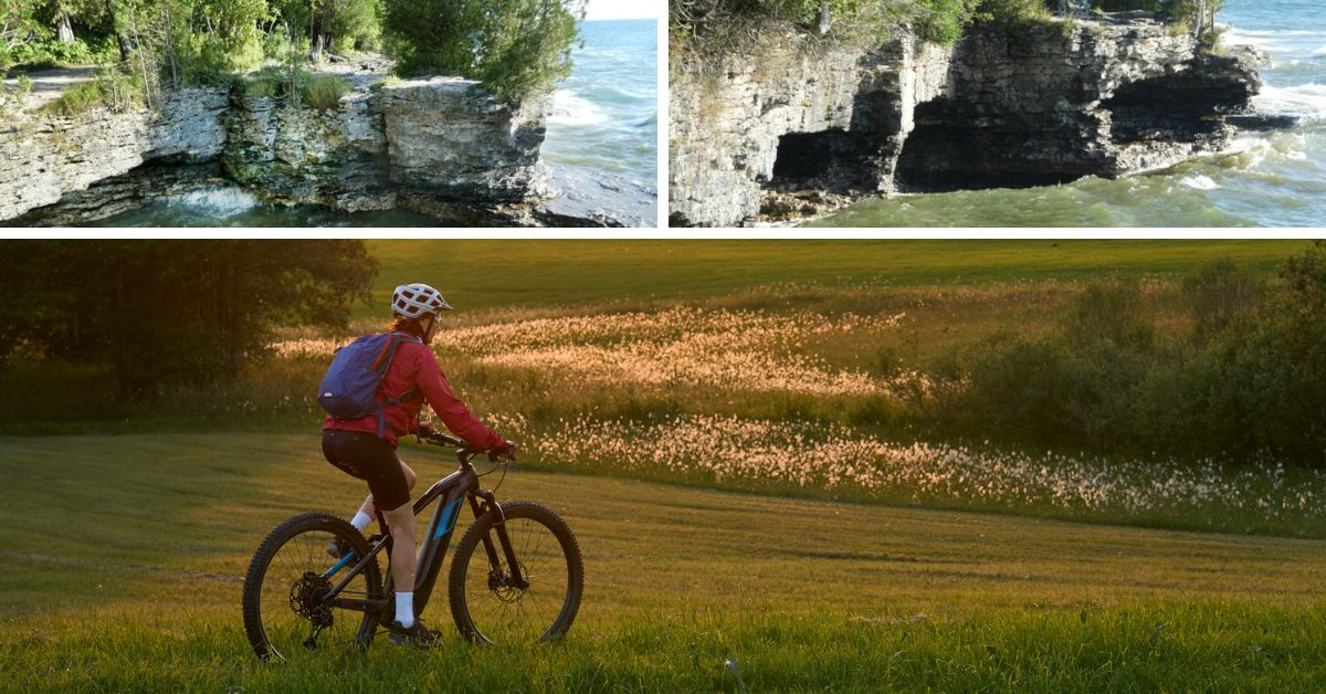 Grid of images depicting riding e-bikes at Cave Point County Park.