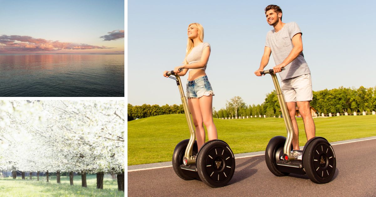 Grid of images of people taking a Segway tour in Fish Creek, Wisconsin.