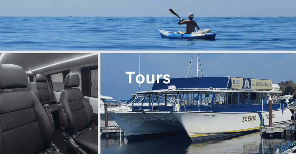 Grid of images consisting of the interior of a luxury van, a catamaran boat, and a kayaker. Superimposed text says: Tours.