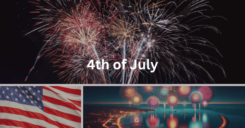 Grid of images depicting an American flag, and fireworks over the water in Door County. Superimposed text says: 4th of July.
