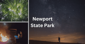 Grid of images from Newport State Park in Door County, including a boy at a campfire, a man watching the stars, and trees. Superimposed text says: Newport State Park.