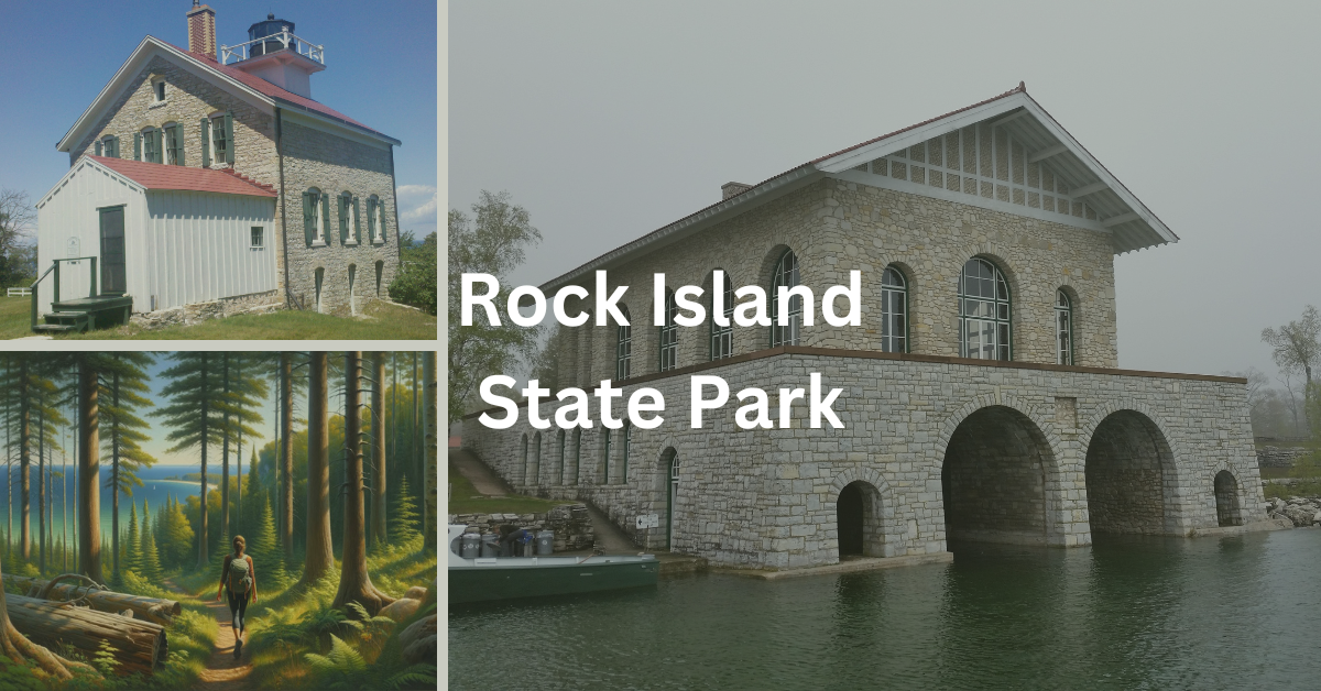 Grid of images related to Rock Island State Park, including the boathouse, Pottawatomie Lighthouse, and a woman hiking. Superimposed text says: Rock Island State Park.
