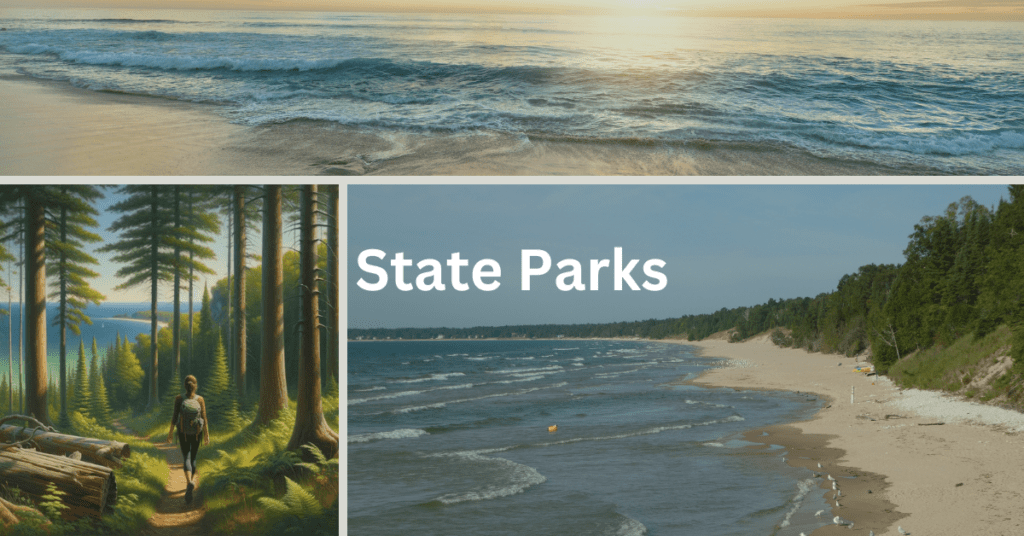 Grid of images depicting scenes in Door County State Parks, including a woman hiking, a beach and two beach scenes. Superimposed text says: State Parks.