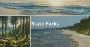 Grid of images depicting scenes in Door County State Parks, including a woman hiking, a beach and two beach scenes. Superimposed text says: State Parks.