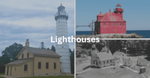 Grid of images consisting of a brick lighthouse with a white tower, a a red lighthouse. Superimposed text says: Door County Lighthouses.