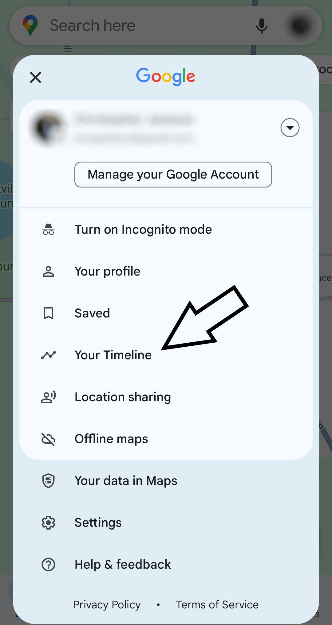 Arrow pointing to "Your Timeline" in Google Maps.