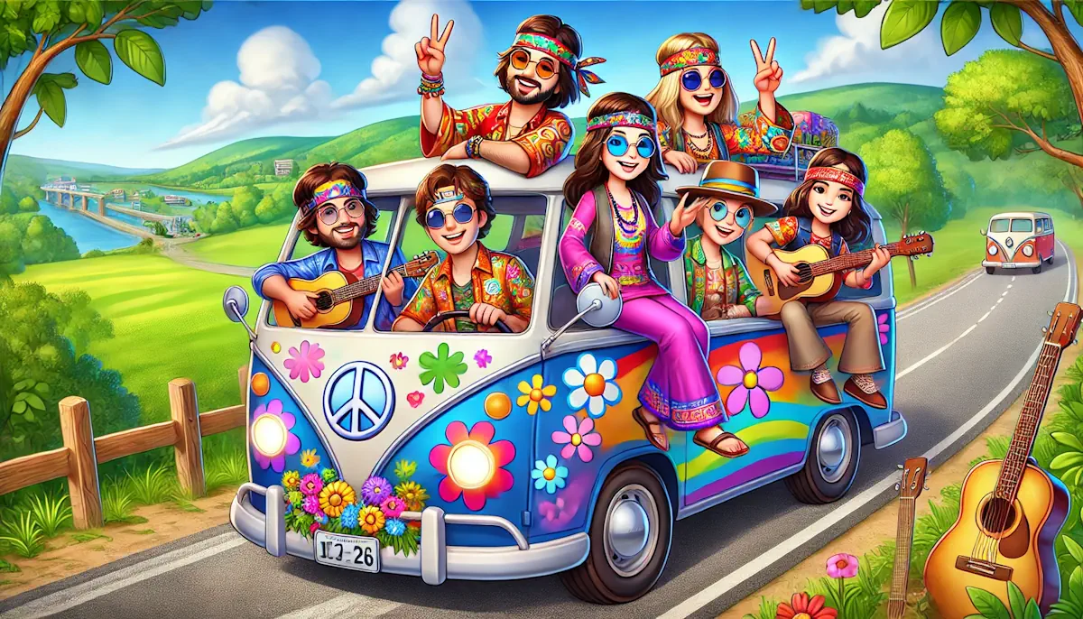 cartoon of hippies traveling in a van