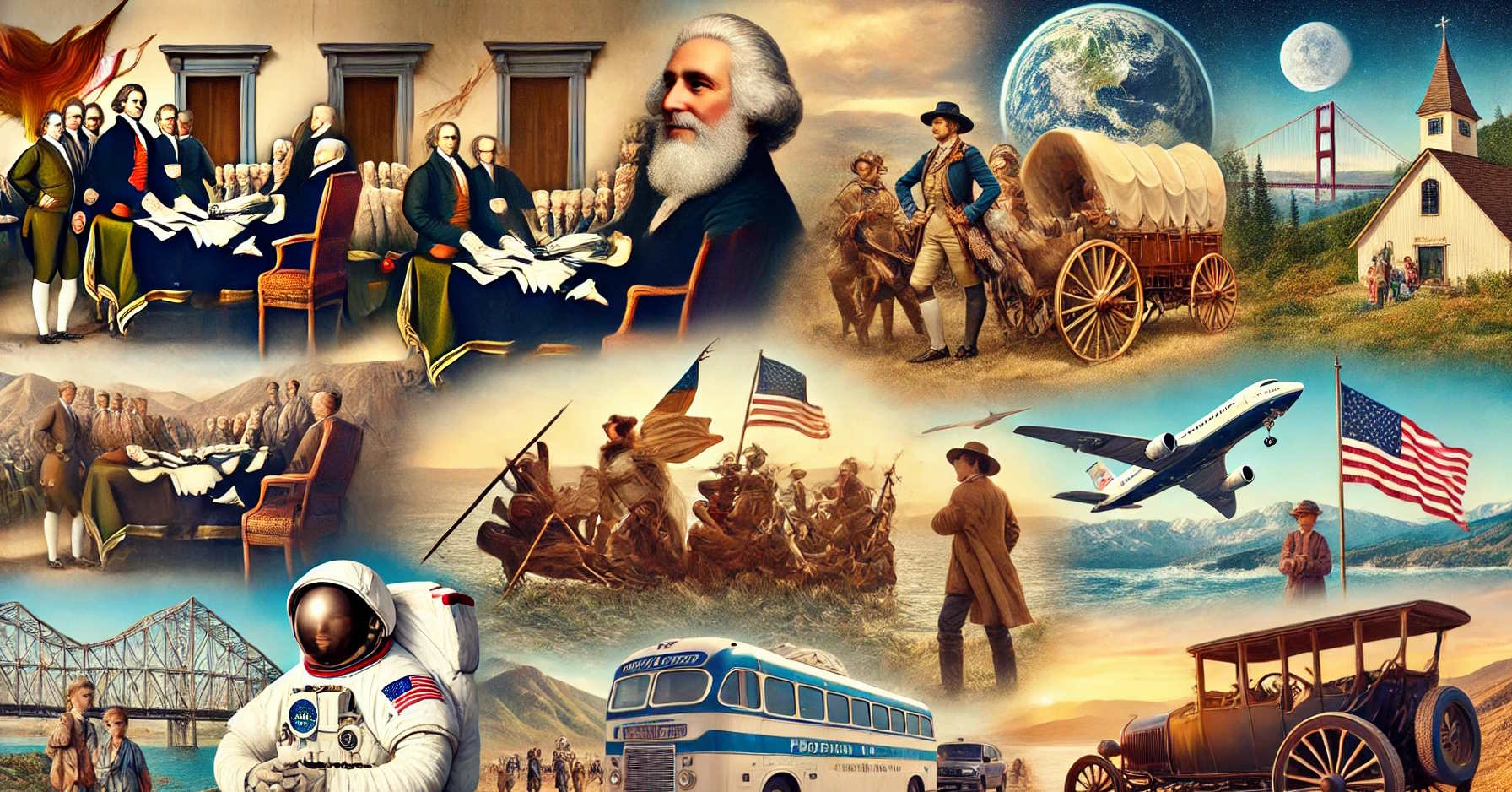 Collage of scenes depicting seminal moments in American history involving travel.
